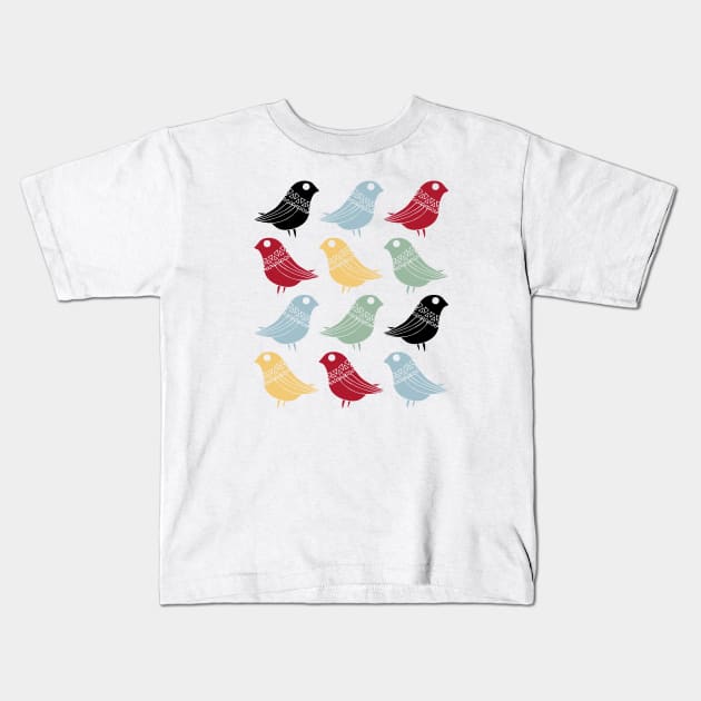 Colorful Abstract Birds Scandinavian Mid Mod Kids T-Shirt by OrchardBerry